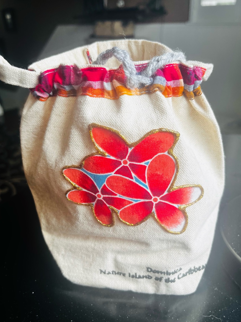 Canvas Drawstring Pouch with Red Floral Design from Dominica Caribbean NWOT